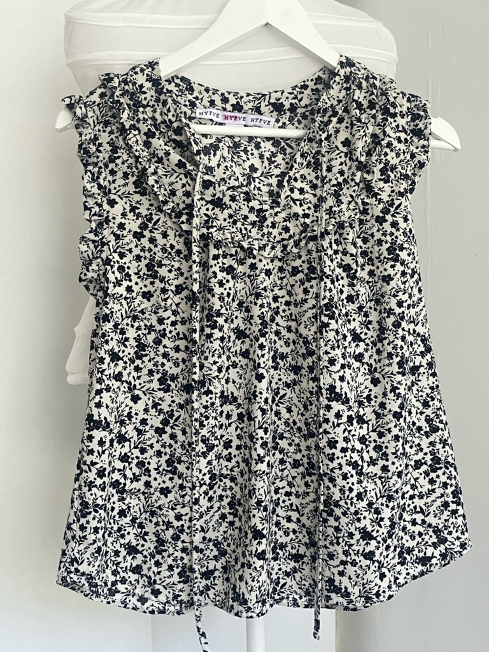 HYFVE light flowy Black and White Floral Ruffle Tie-Neck blouse